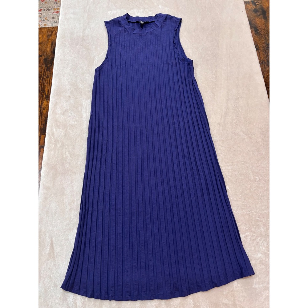 Eileen Fisher Royal Blue Ribbed Tank Dress Small Mock Neck Sleeveless Midi - Picture 2 of 10